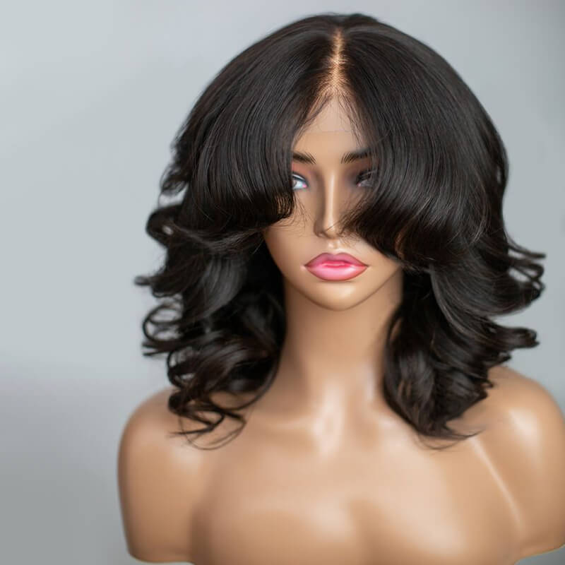 Designer Curtain Bangs Natural Color Wavy Lace Front Wig Human Hair
