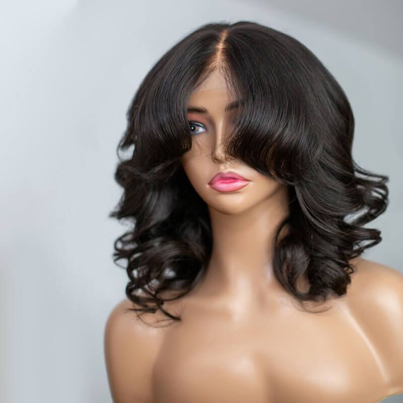 Designer Curtain Bangs Natural Color Wavy Lace Front Wig Human Hair