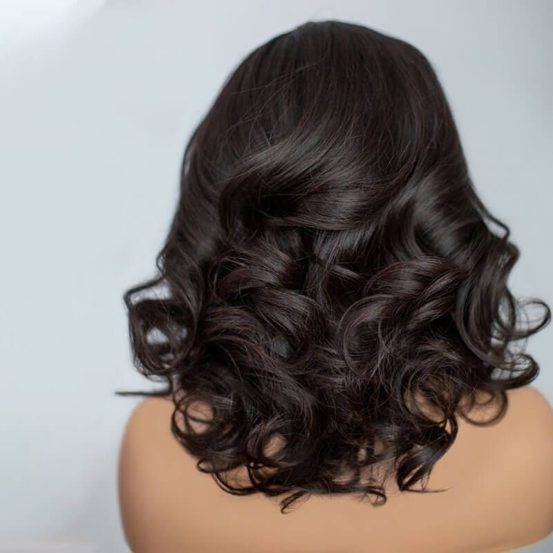 Designer Curtain Bangs Natural Color Wavy Lace Front Wig Human Hair