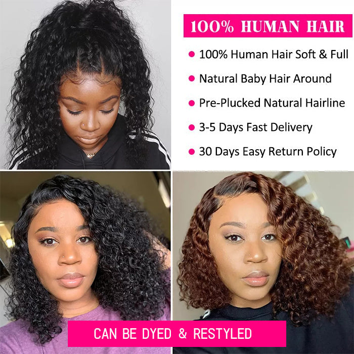 Deep Wave Short Bob 13x4 Lace Front Wigs 100% Human Hair Pre Plucked Glueless Lace Front Wigs