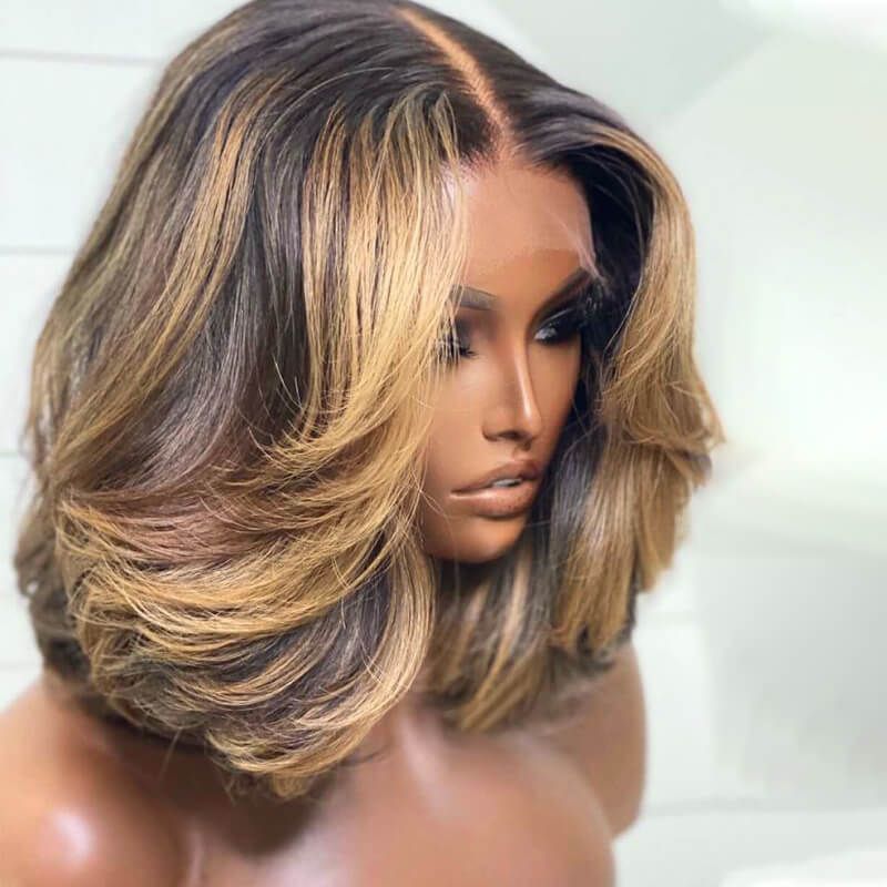 Bob Blonde Highlight Middle Part Layered Human Hair Lace Front Wig 180% Density