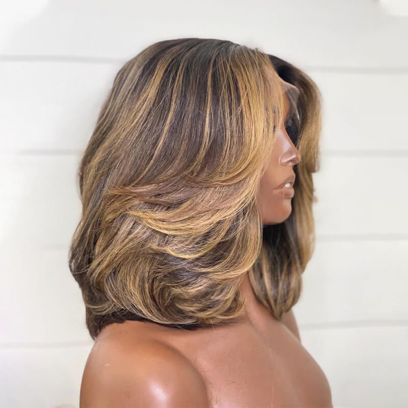 Bob Blonde Highlight Middle Part Layered Human Hair Lace Front Wig 180% Density