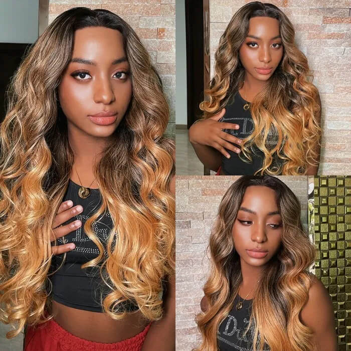 Black Blonde Highlights Wavy 13x4 Lace Front Wig Human Hair