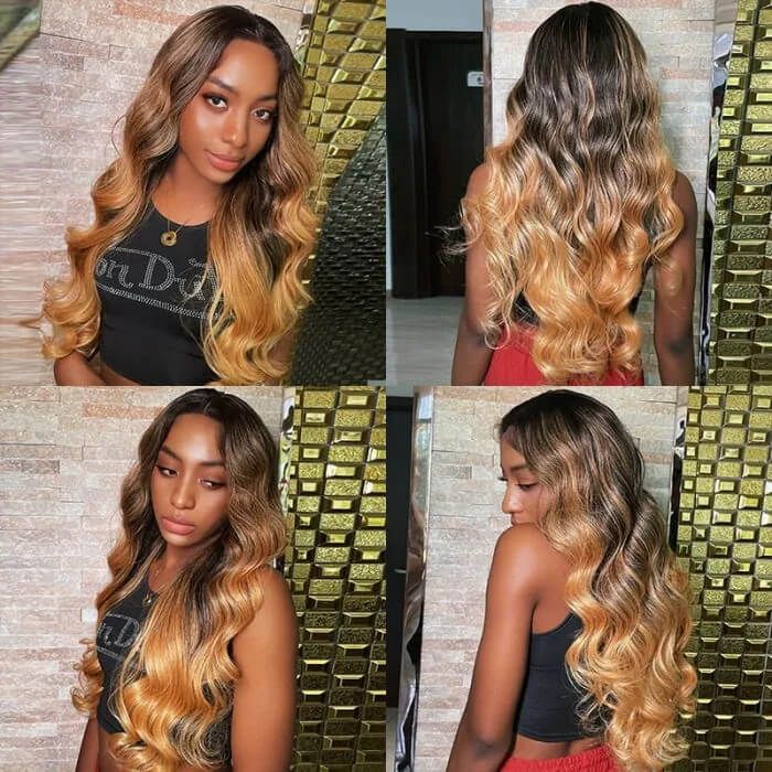 Black Blonde Highlights Wavy 13x4 Lace Front Wig Human Hair