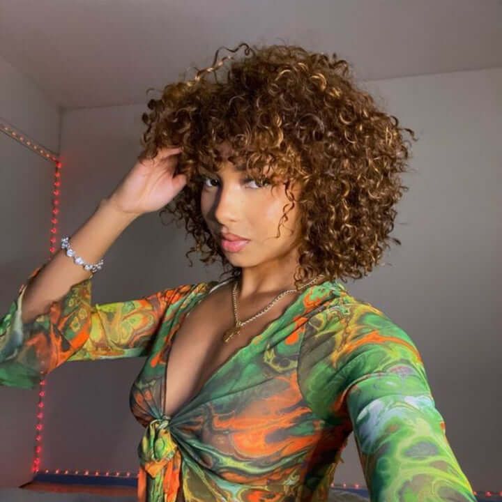 Messy Highlight Curly Wig With Bang Human Hair 180% Density