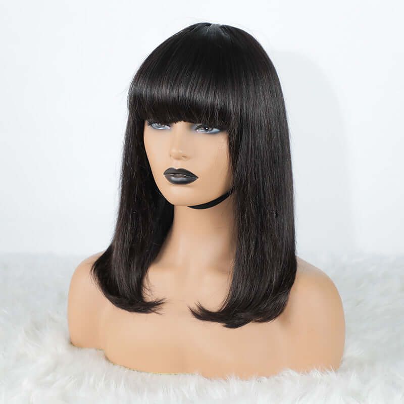 Human Hair 180% Density Bob Wig with Bangs Lace Wig