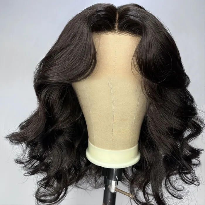 13x6 Lace Free Parting Bob Wig Natural Black Loose Body Wave Human Hair Wig