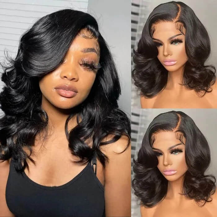 13x6 Lace Free Parting Bob Wig Natural Black Loose Body Wave Human Hair Wig