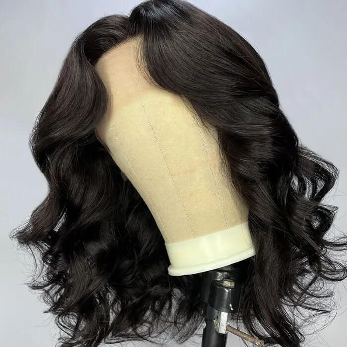 13x6 Lace Free Parting Bob Wig Natural Black Loose Body Wave Human Hair Wig