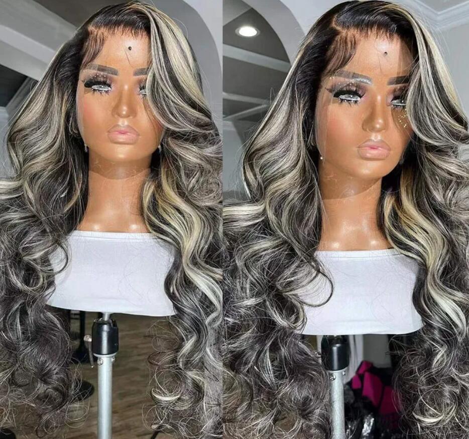 Grey And Black Hair 13x4 Lace Body Wave Platinum Blonde Highlights Wave Mixed Color Human Hair Wigs