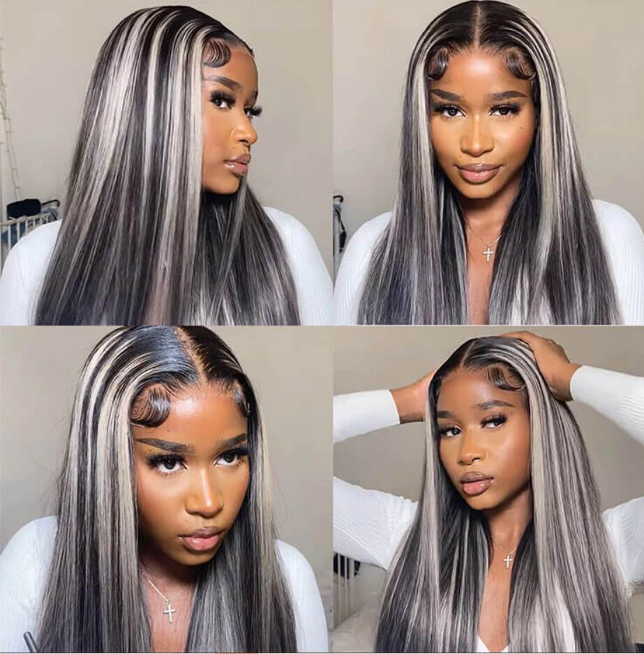 Grey And Black Hair 13x4 Lace Body Wave Platinum Blonde Highlights Wave Mixed Color Human Hair Wigs