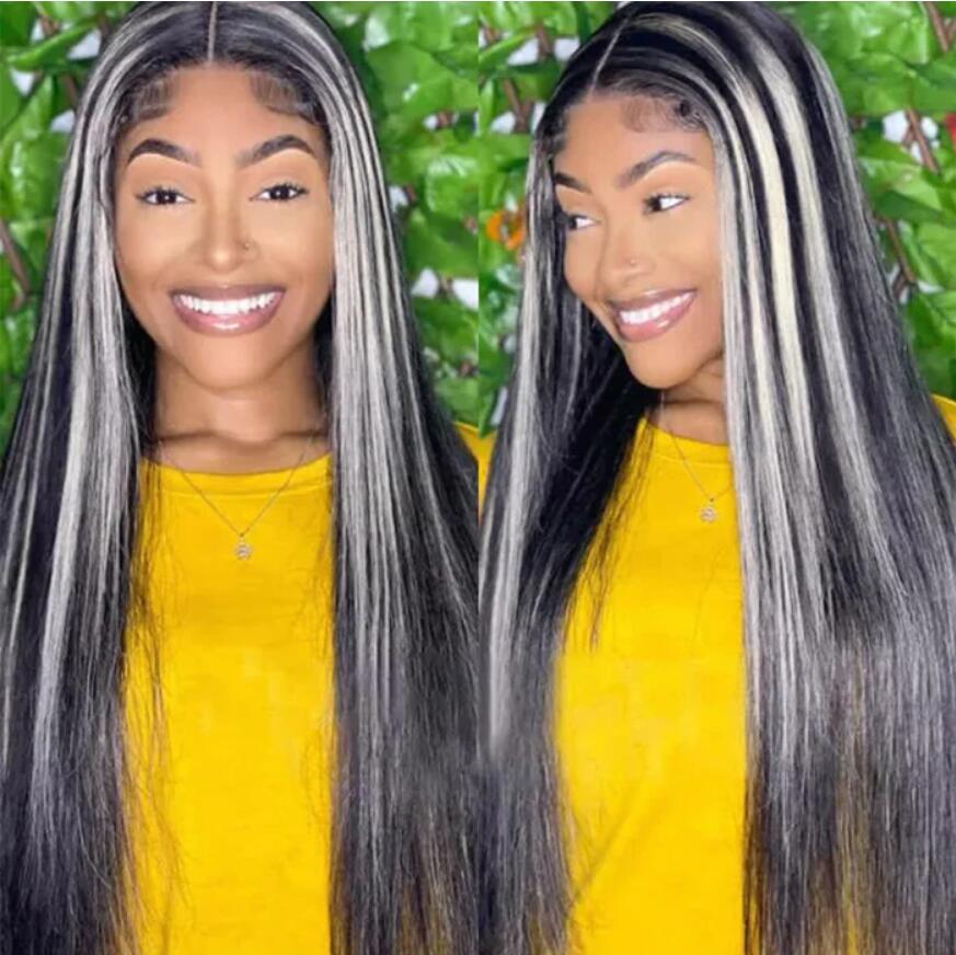 Grey And Black Hair 13x4 Lace Body Wave Platinum Blonde Highlights Wave Mixed Color Human Hair Wigs