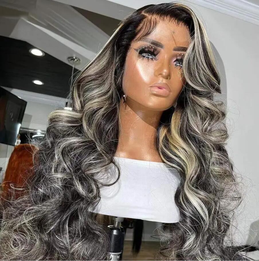 Grey And Black Hair 13x4 Lace Body Wave Platinum Blonde Highlights Wave Mixed Color Human Hair Wigs