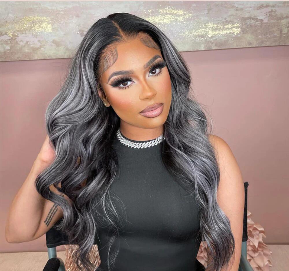 Grey And Black Hair 13x4 Lace Body Wave Platinum Blonde Highlights Wave Mixed Color Human Hair Wigs