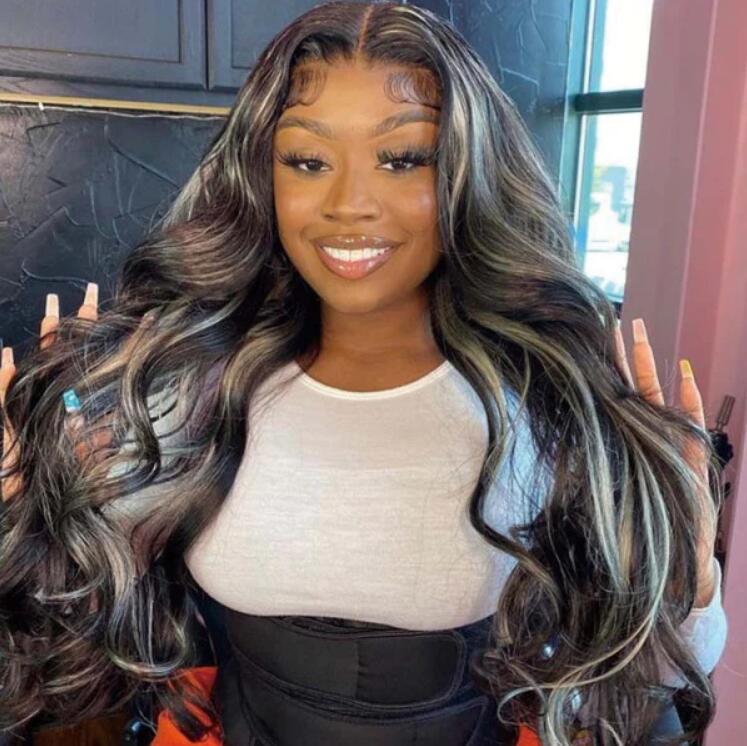 Grey And Black Hair 13x4 Lace Body Wave Platinum Blonde Highlights Wave Mixed Color Human Hair Wigs