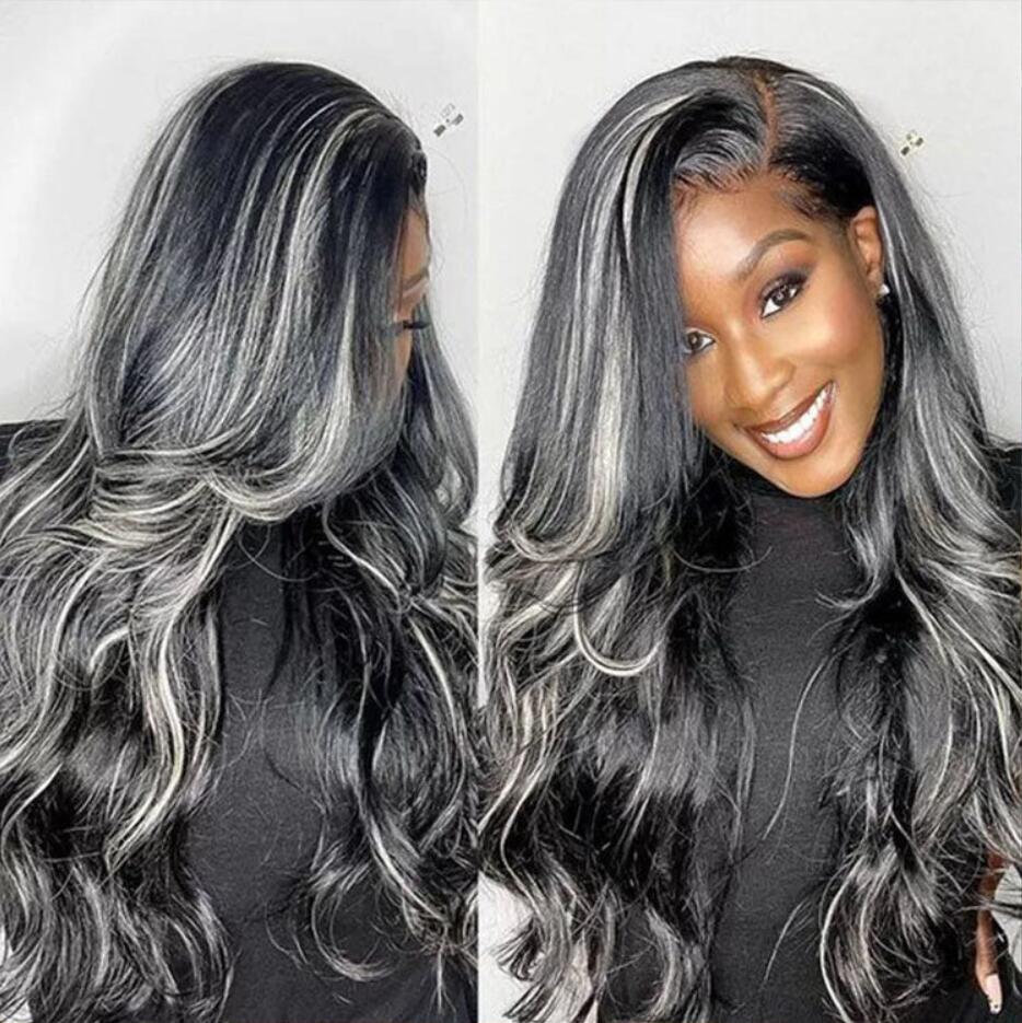 Grey And Black Hair 13x4 Lace Body Wave Platinum Blonde Highlights Wave Mixed Color Human Hair Wigs