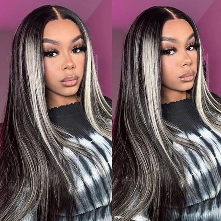 Grey And Black Hair 13x4 Lace Body Wave Platinum Blonde Highlights Wave Mixed Color Human Hair Wigs