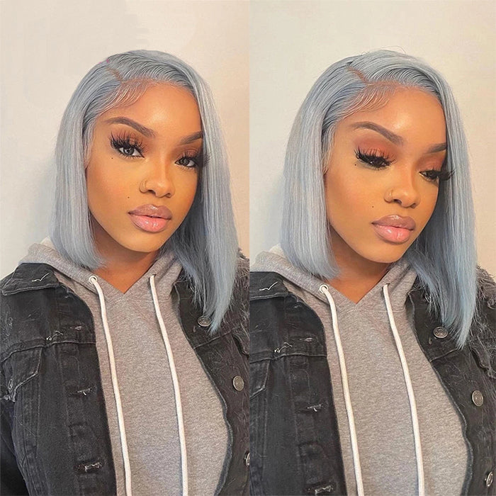 Grey 13x4 Lace Front Human Hair Wigs Straight Colored Sliver Bob Lace Wigs For Black Women Pre Plucked 150%