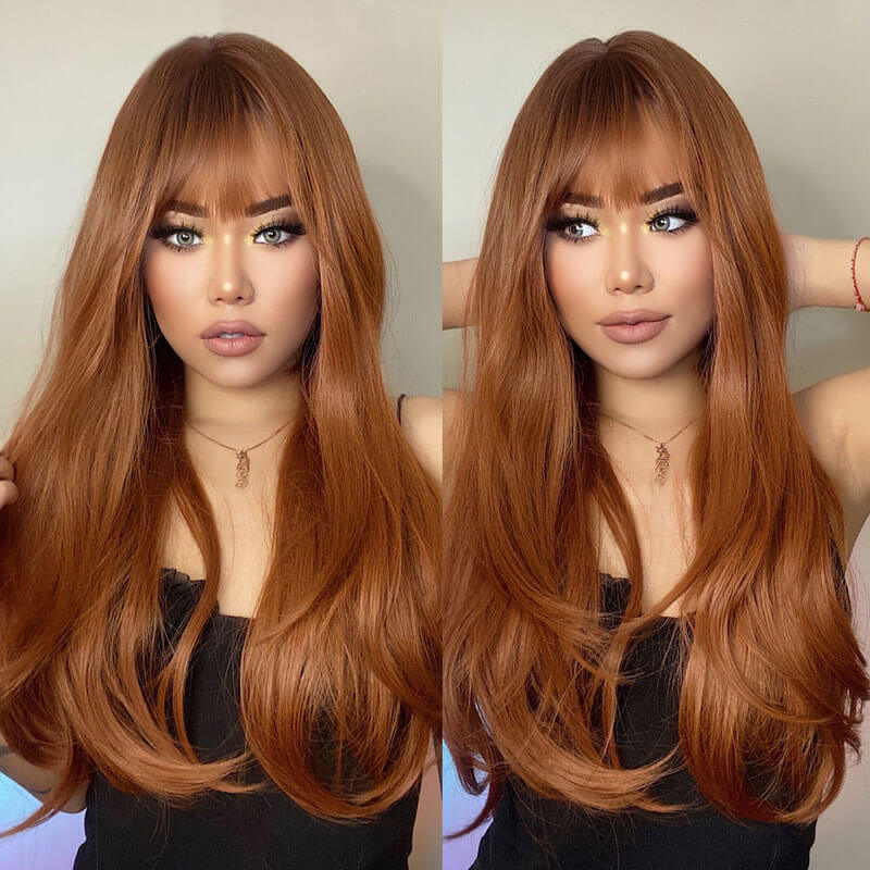 Long Straight Human Hair Red Brown Copper Ginger with Bangs Wigs for Women Natural Wave