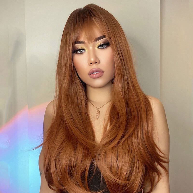 Long Straight Human Hair Red Brown Copper Ginger with Bangs Wigs for Women Natural Wave