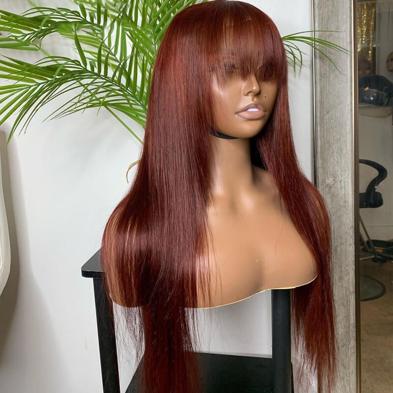 Red Brown Straight Hair With Bangs Lace Front Human Hair Wigs