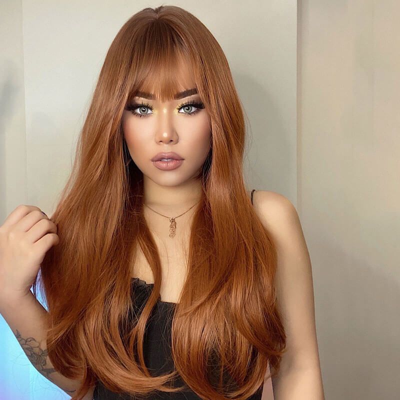 Long Straight Human Hair Red Brown Copper Ginger with Bangs Wigs for Women Natural Wave