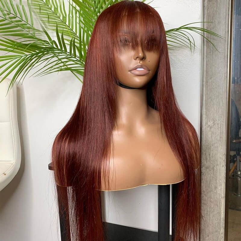 Red Brown Straight Hair With Bangs Lace Front Human Hair Wigs