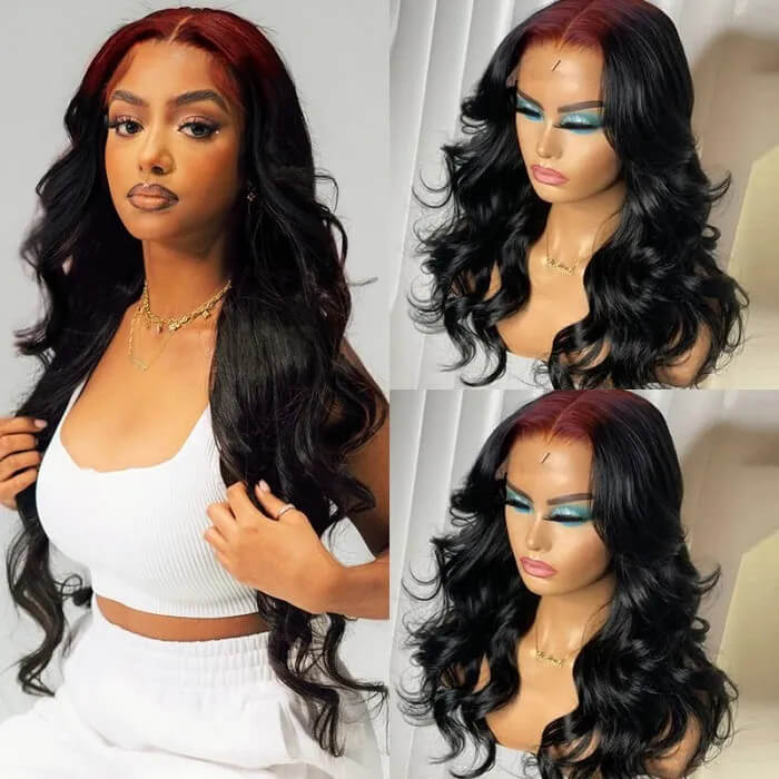 99J Colored Roots Two-tone Hair Colors Straight Human Hair 13x4 Lace Front Wig