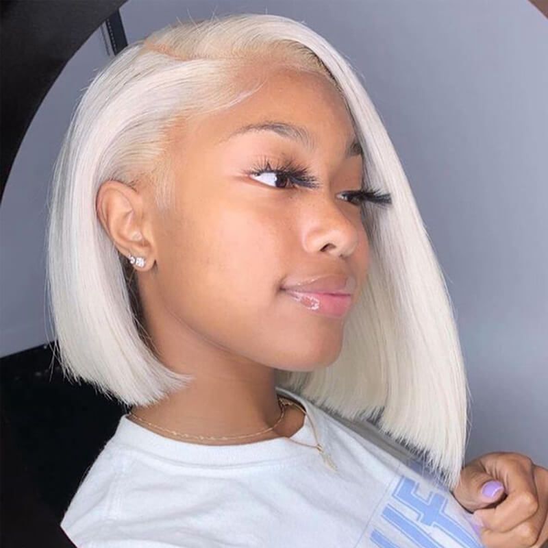 White Blonde Short Bob Straight Human Hair Wig Lace Frontal Wig for Women