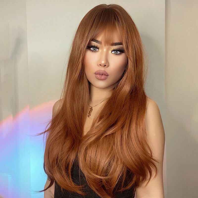 Long Straight Human Hair Red Brown Copper Ginger with Bangs Wigs for Women Natural Wave
