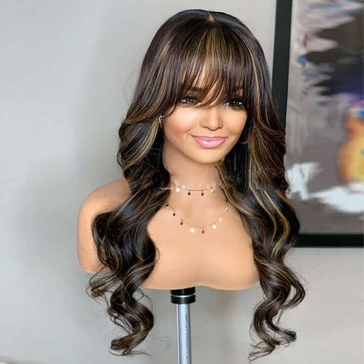 Brazilian Body Wave Highlight Human Hair Wigs With Bangs Lace Front Wigs