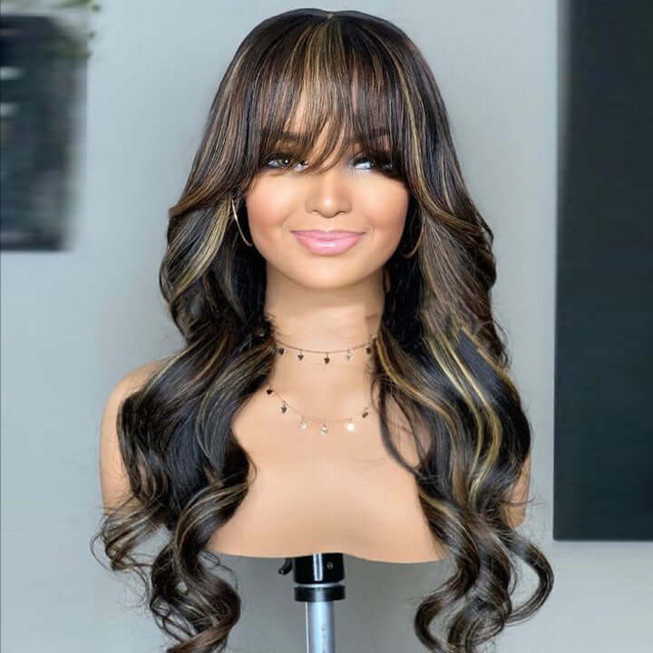 Brazilian Body Wave Highlight Human Hair Wigs With Bangs Lace Front Wigs