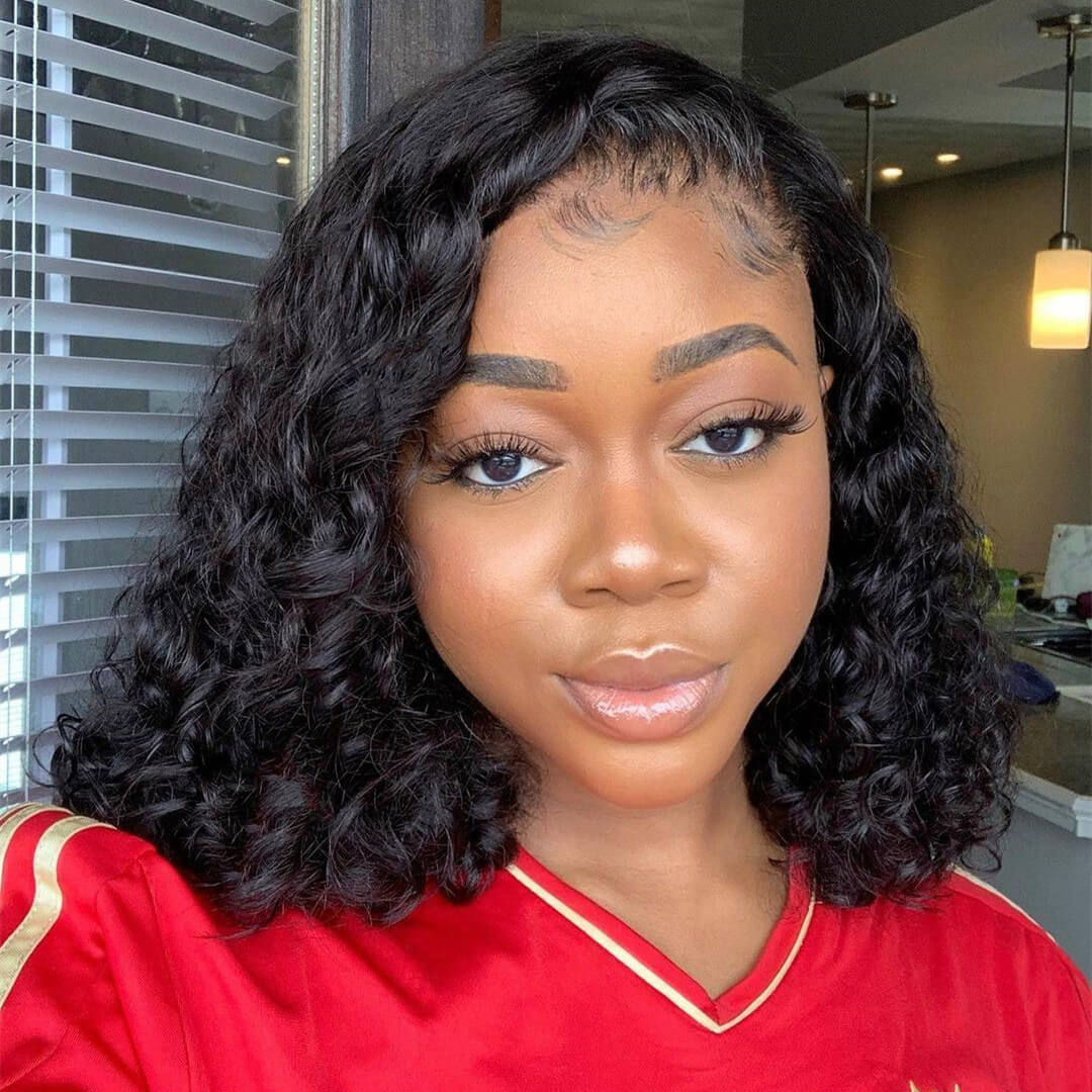 Curly Pre Bleached 13x6 Swiss Lace Front Bob  Human Wig 100% Virgin Hair