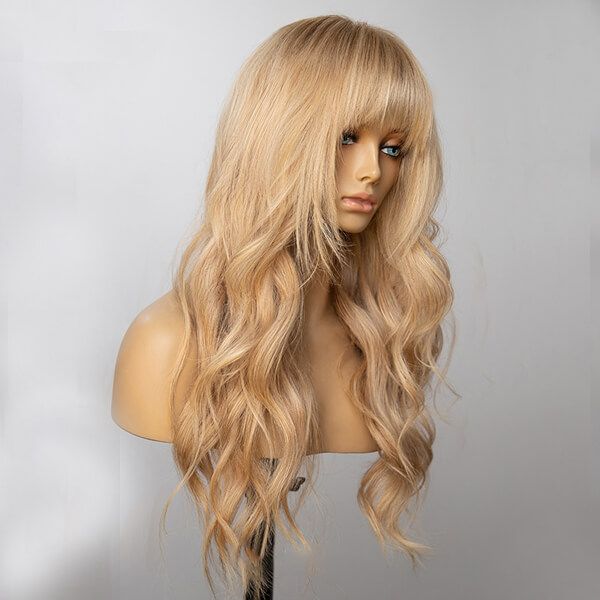 Long Wavy Human Hair Bangs Golden Blonde Lace Front Wigs 180% Density