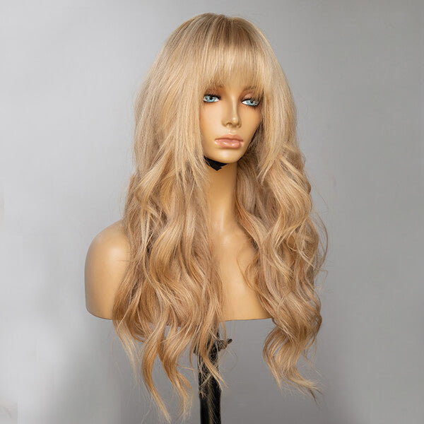 Long Wavy Human Hair Bangs Golden Blonde Lace Front Wigs 180% Density