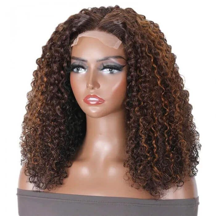 4X4 Lace Closure Human Hair Wig Dark Brown Jerry Curly Wig With Highlights
