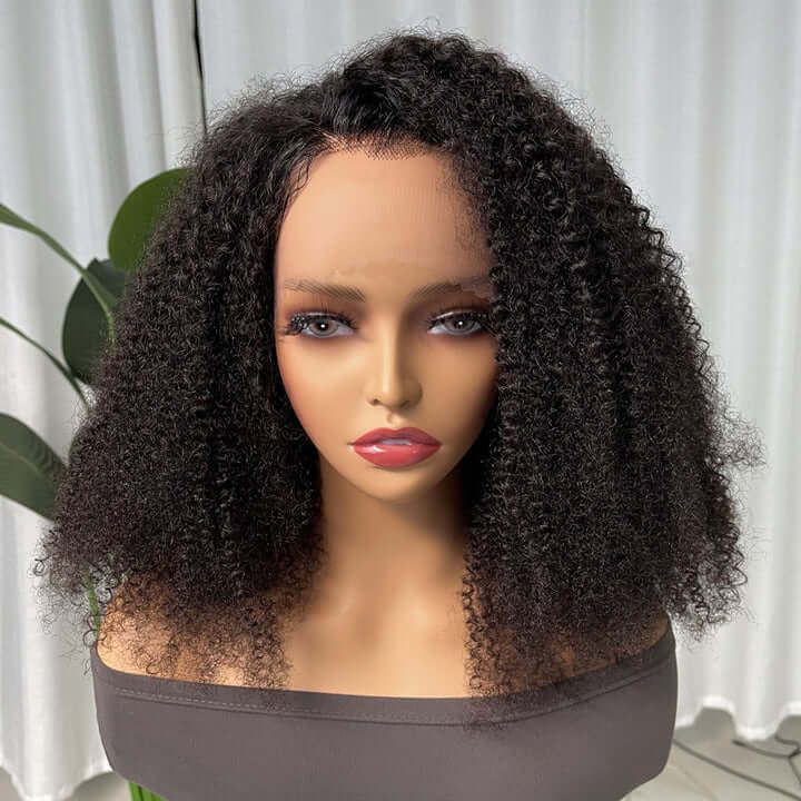 Afro Kinky Curly Bob Lace Frontal Wig Side Part Pre Plucked with Baby Human Hair
