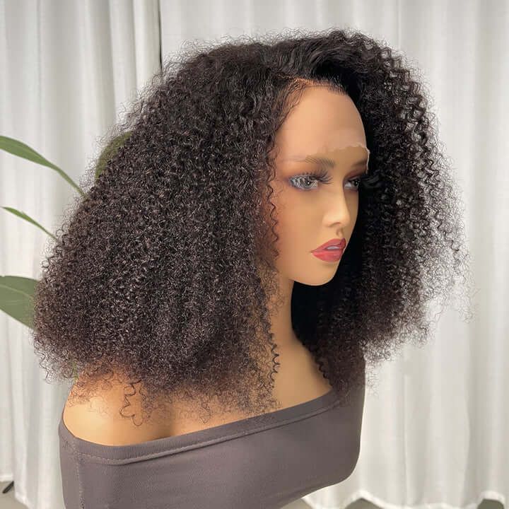 Afro Kinky Curly Bob Lace Frontal Wig Side Part Pre Plucked with Baby Human Hair