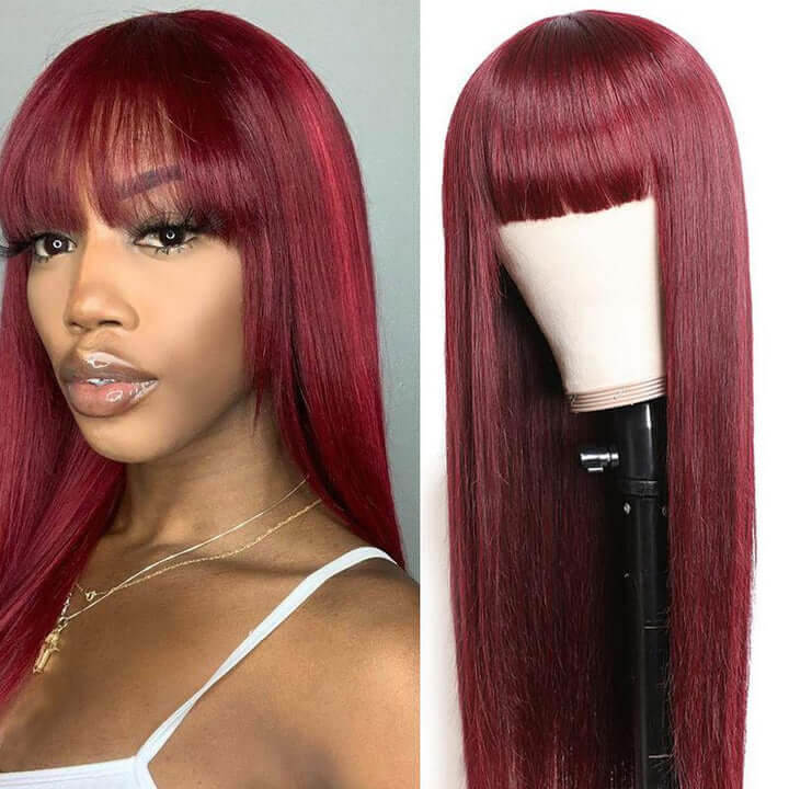 4X4 Lace 99j Red Color Straight Wigs With Bangs For Women 100% Virgin Human Hair Wigs