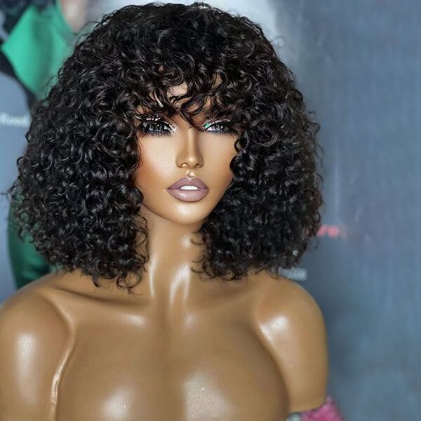 Curly Bob Wig With Bangs 13x4 Lace Front Wig Human Hair