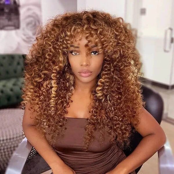 Curly Wig P4/27 Color Hair With Bangs 4x4 Lace Virgin Human Hair Wigs
