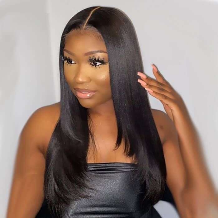 Long Layered Yaki Straight Natural Color Lace Front Wig Human Hair