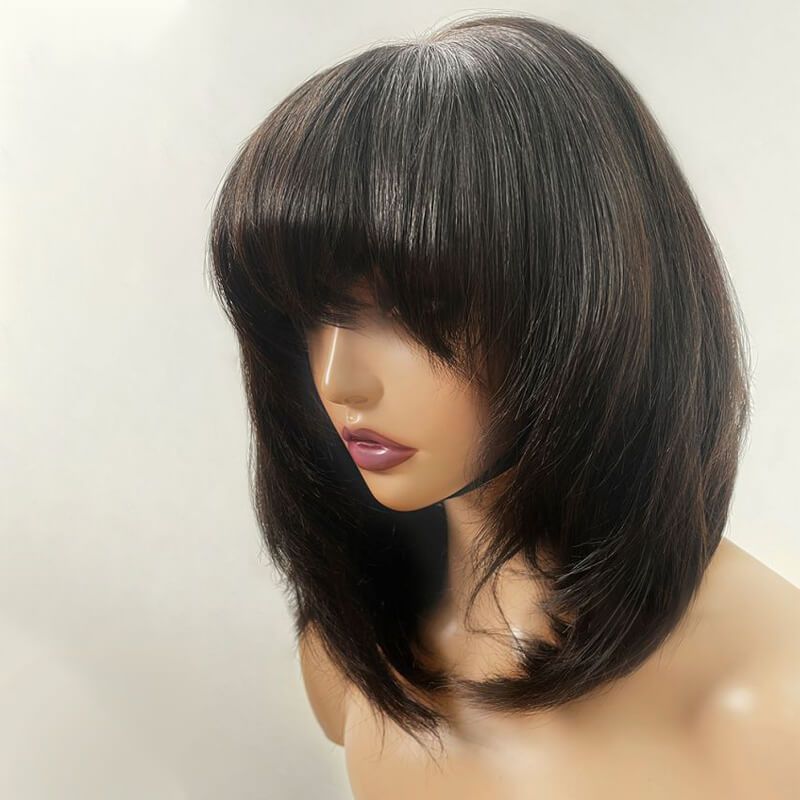 Layered Cut Bangs BOB Lace Front Wig Human Hair 180% Density