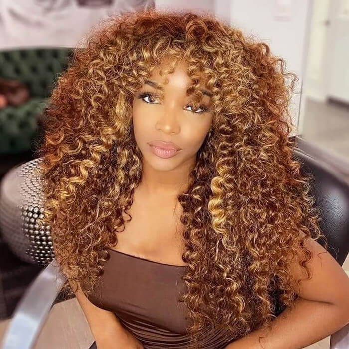Curly Wig P4/27 Color Hair With Bangs 4x4 Lace Virgin Human Hair Wigs