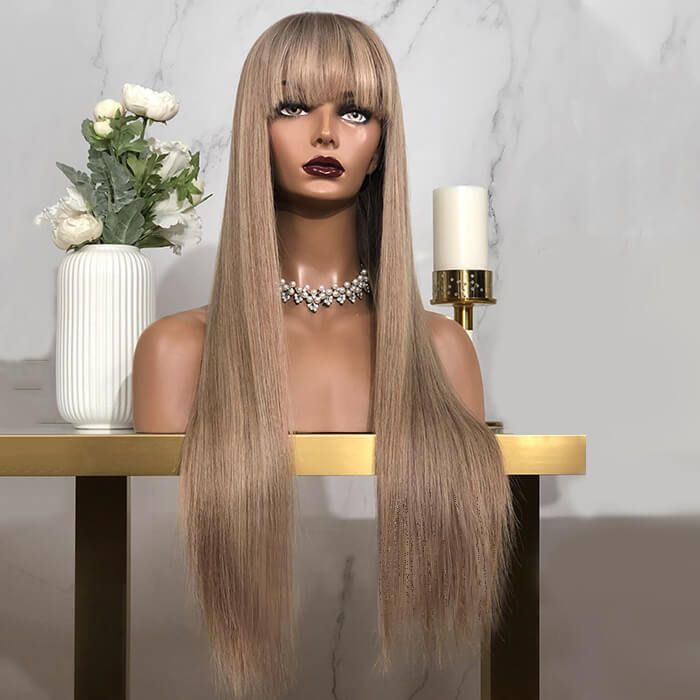 Straight Human Hair with Blunt Cut Bangs Ash Blonde Lace Front Wigs