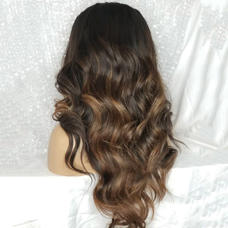 Long Wavy Bangs Medium Brown with Blonde Highlights Wig Human Hair