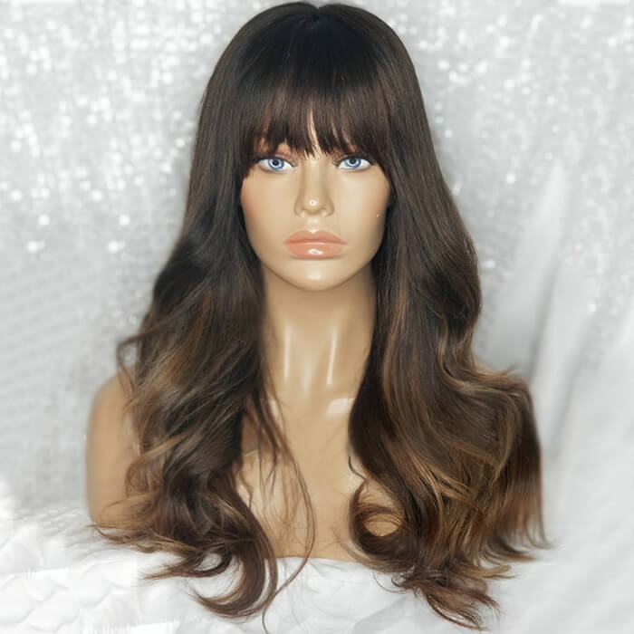 Long Wavy Bangs Medium Brown with Blonde Highlights Wig Human Hair