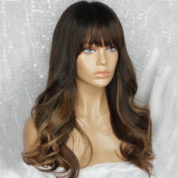 Long Wavy Bangs Medium Brown with Blonde Highlights Wig Human Hair