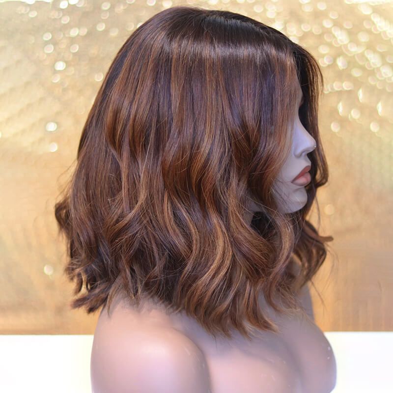Medium Length Messy Bob Human Hair Chestnut Brown with Highlights Wig