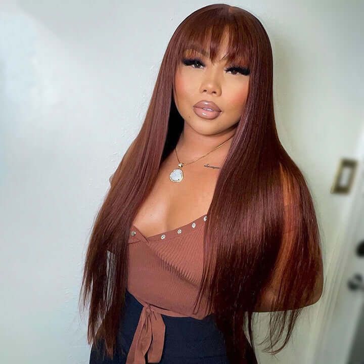 Reddish Brown Straight 13x4 Lace Front Wig With Bangs Human Hair Wigs